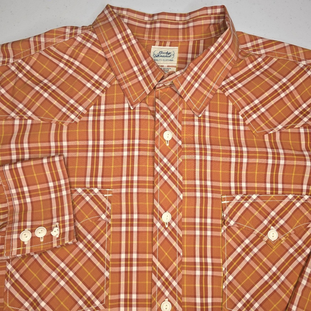 LUCKY BRAND Men's XL Orange Yellow White Plaid Western Long Sleeve Shirt -1056